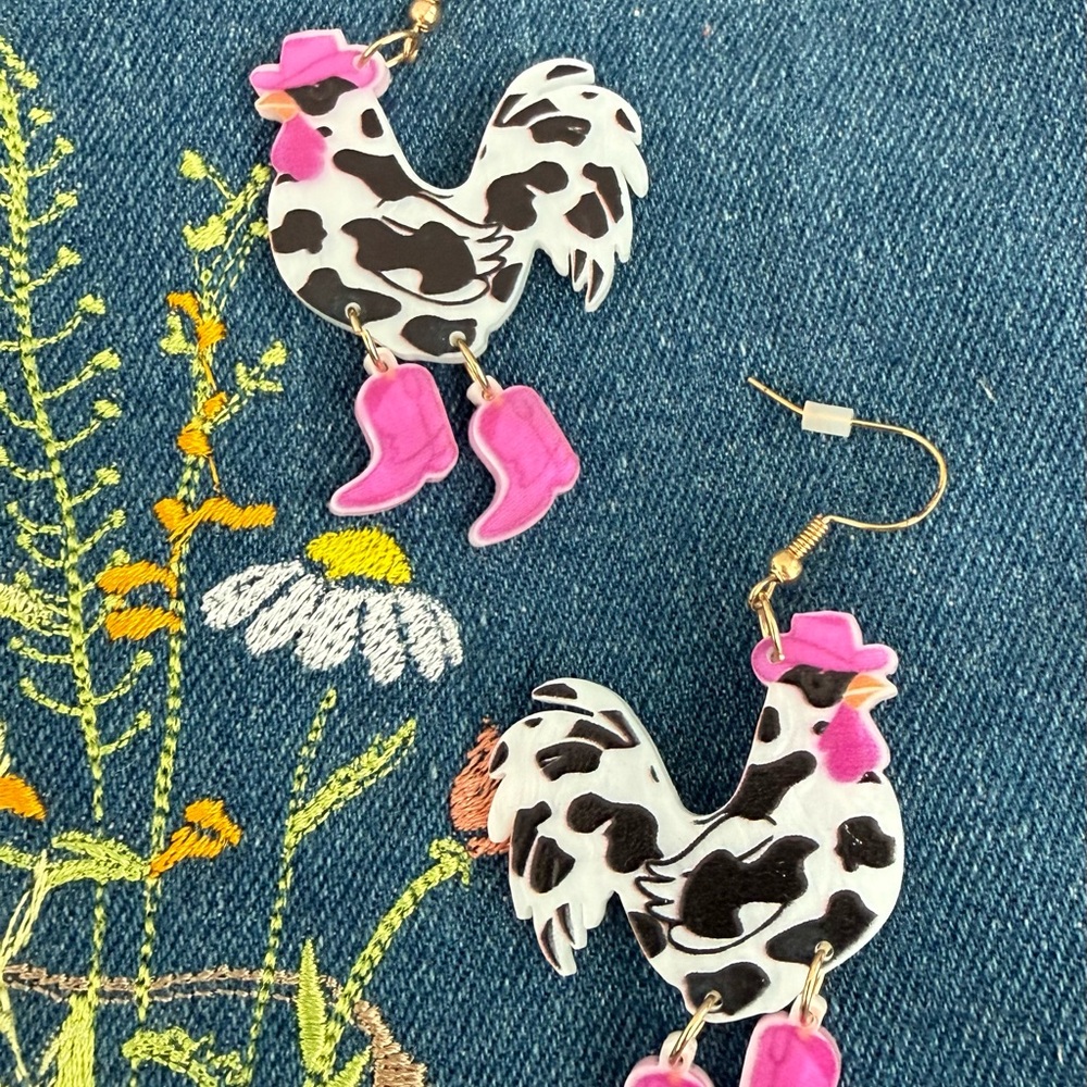 Cowgirl Chicken in Boots Earrings Hot Pink Black & White Dangle Earrings